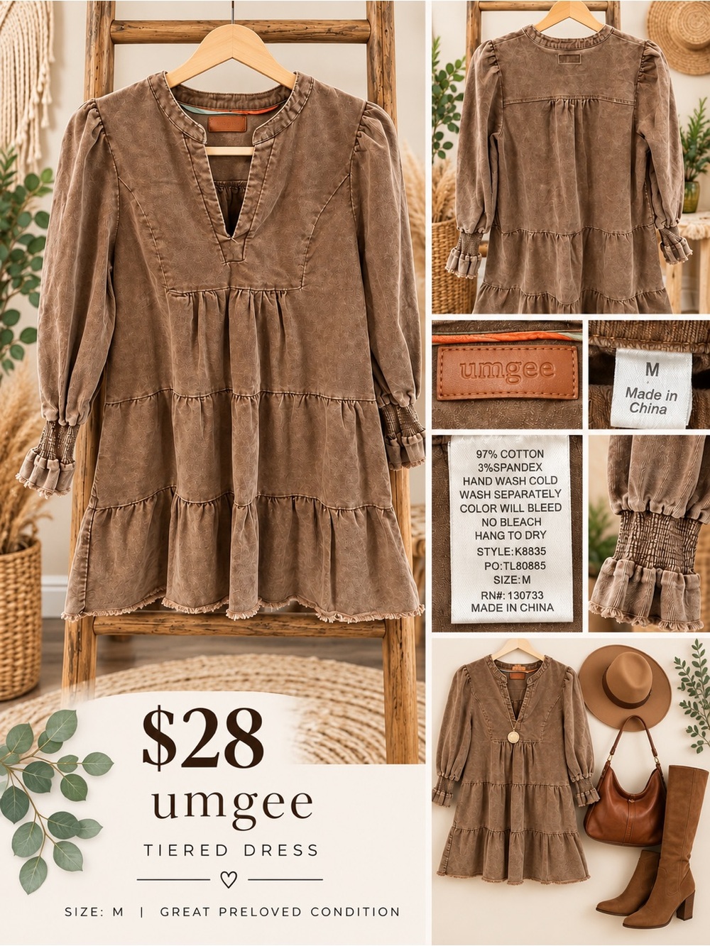 umgee Brown Washed Tiered Mini Dress Size Large